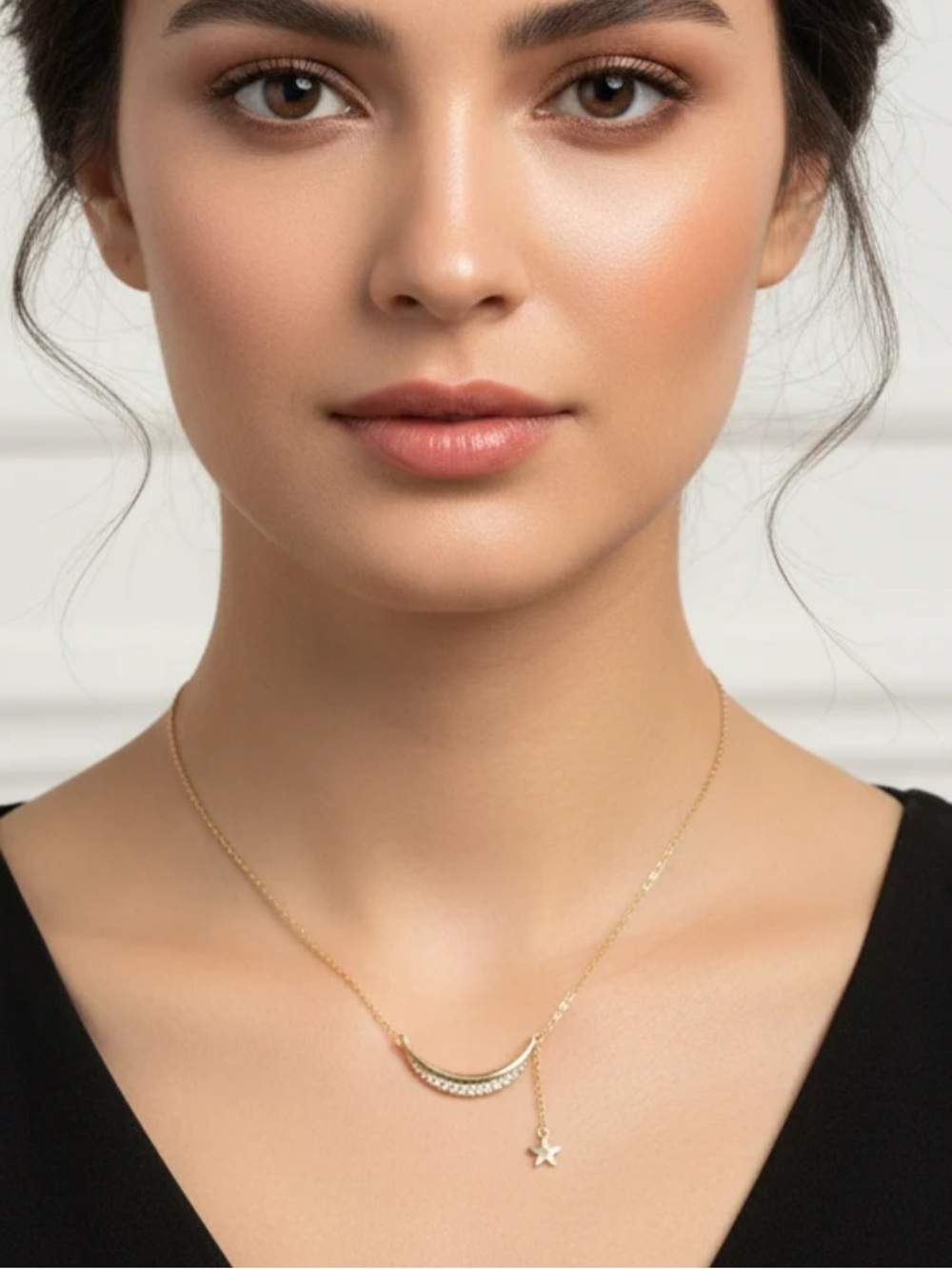 Half Moon & Star Gold Dipped Cubic Zirconia Necklace